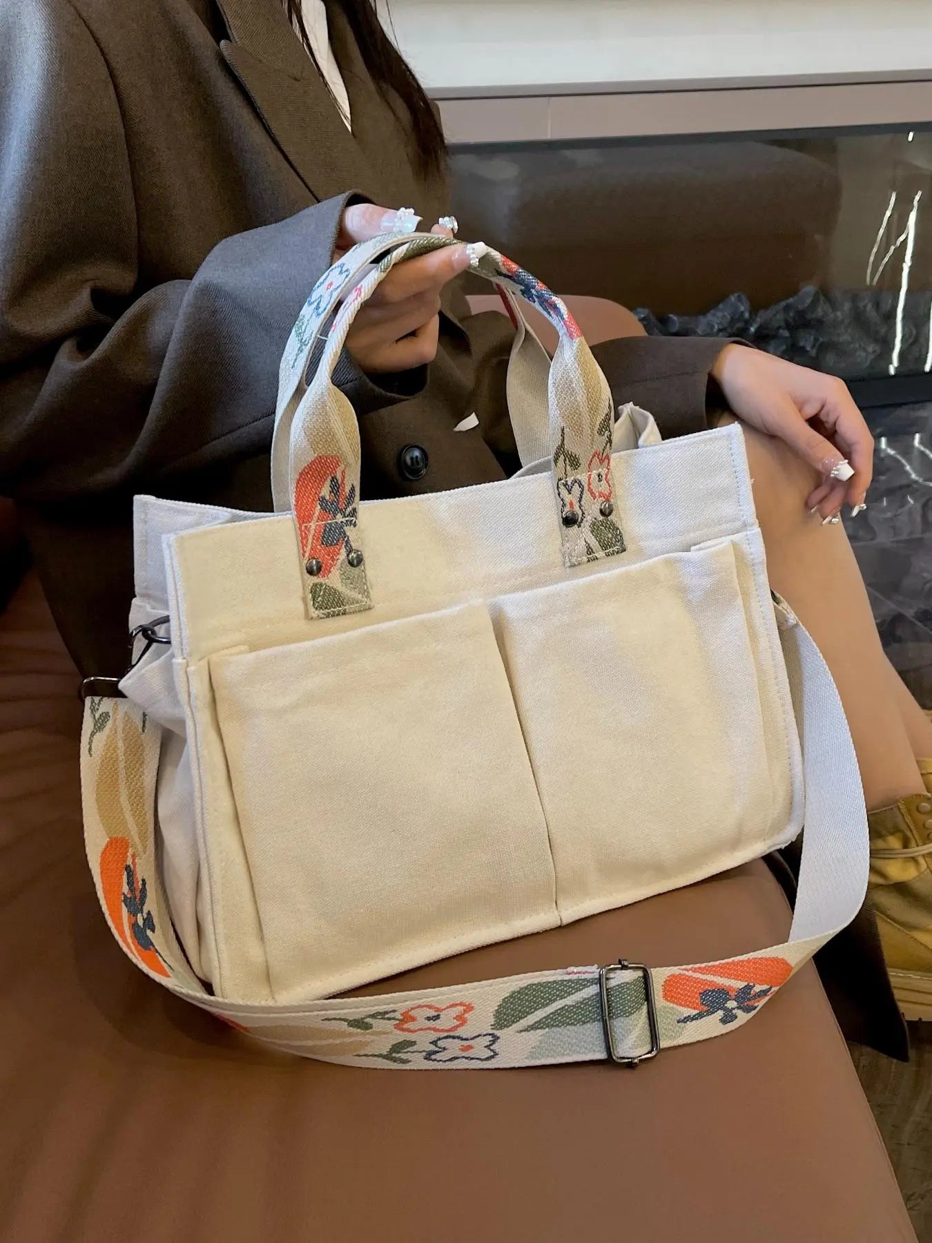 2024 Women'S Solid Color Canvas Tote Bag for School with Removable Bottom Compartment, Large Capacity Oversize Trendy Shoulder Bag for College