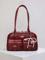 Retro Style Double Pocket Handbag, Fashionable Underarm Shoulder Bag with Pendant, Simple and Versatile Single Shoulder Baguette Bag, Niche Design Suitable for College Students, Office Workers Daily Commuting, Casual Fashion Bag, Etc.