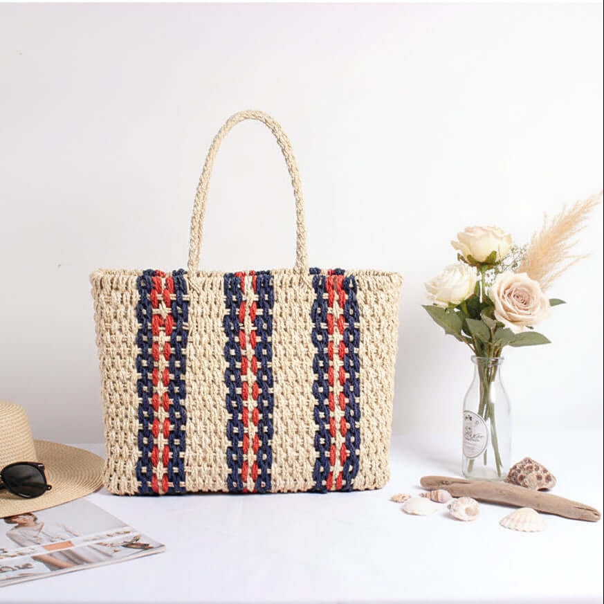Striped Woven Beach Bag Travel Vacation Women Striped One Shoulder Bag