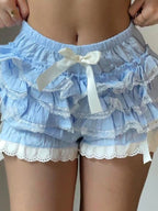 1Pc Women Fashion Ruffle Lace Slip Skirt Shorts Bow Decor Lolita Tiered Bloomers