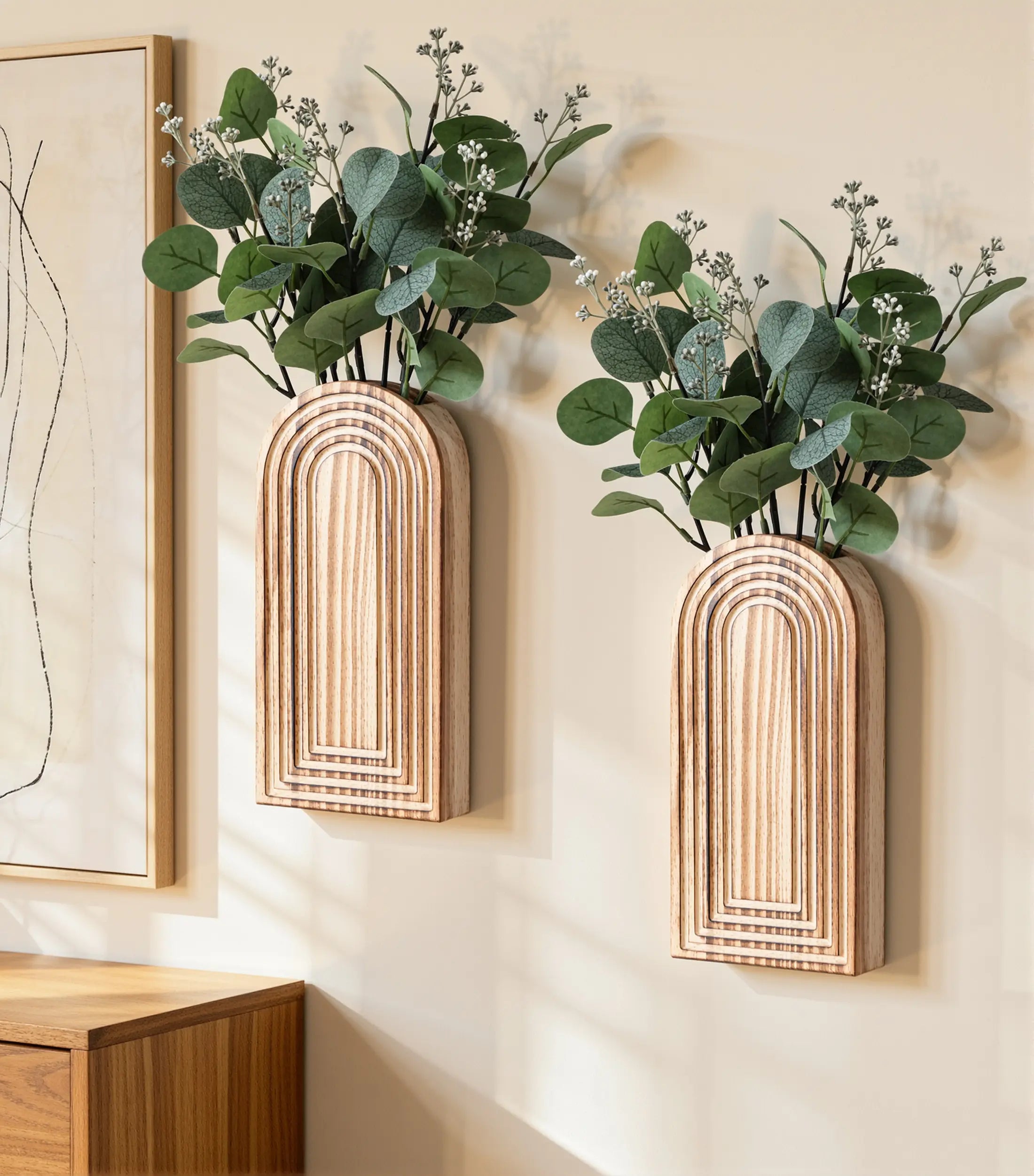 Ivydale 2 Pack Wooden Wall Vases with Fake Plants, Wall Hanging Planters Boho Modern Farmhouse Indoor for Narrow Spaces Entryway Bathroom Home Office Decoration, Brown